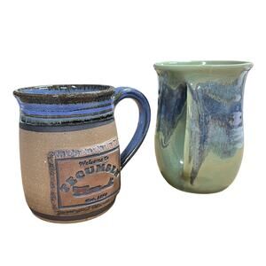 Pair Of 2 Coffee Mugs Hand Pocket Stoneware Signed Drip Glaze Pottery Green Blue